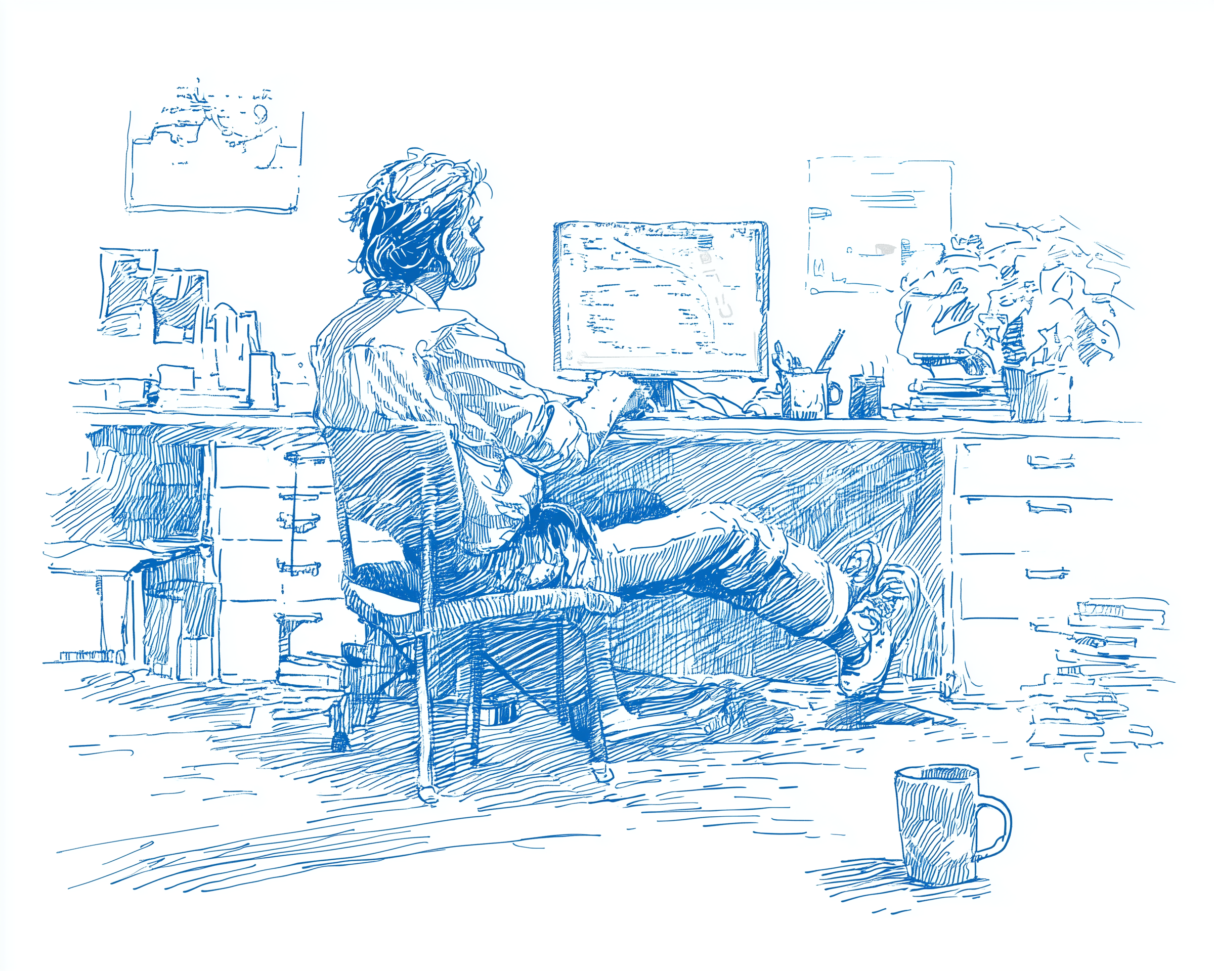 A satisfied developer leaning back at a finished project with coffee nearby.