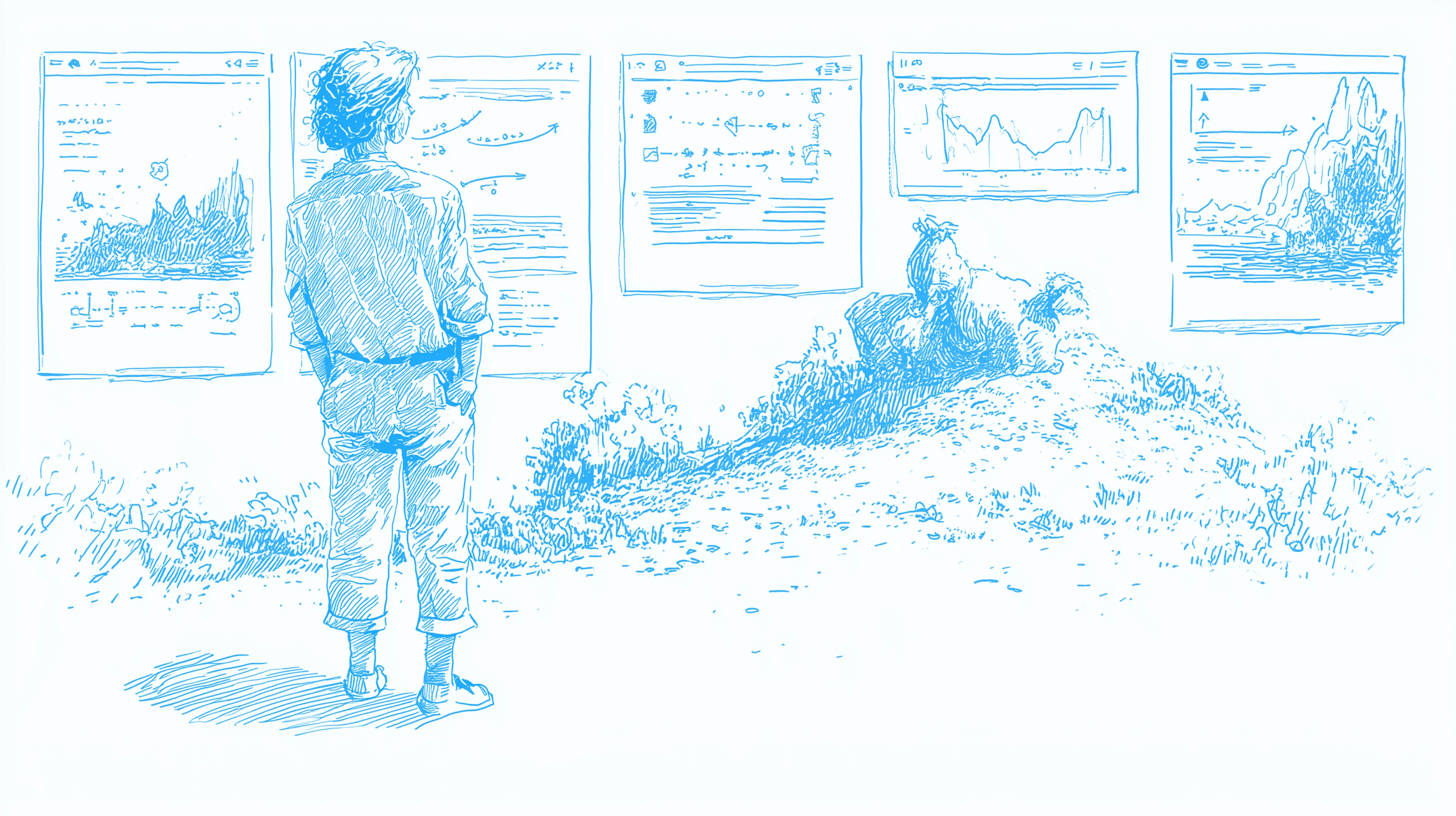A developer browsing documentation and visual examples across several windows.