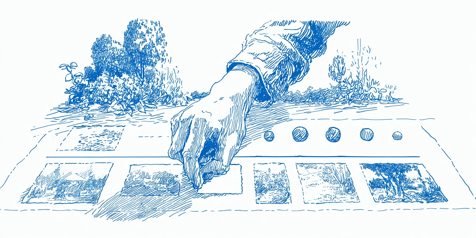 A hand arranging rendered frames and animation states.