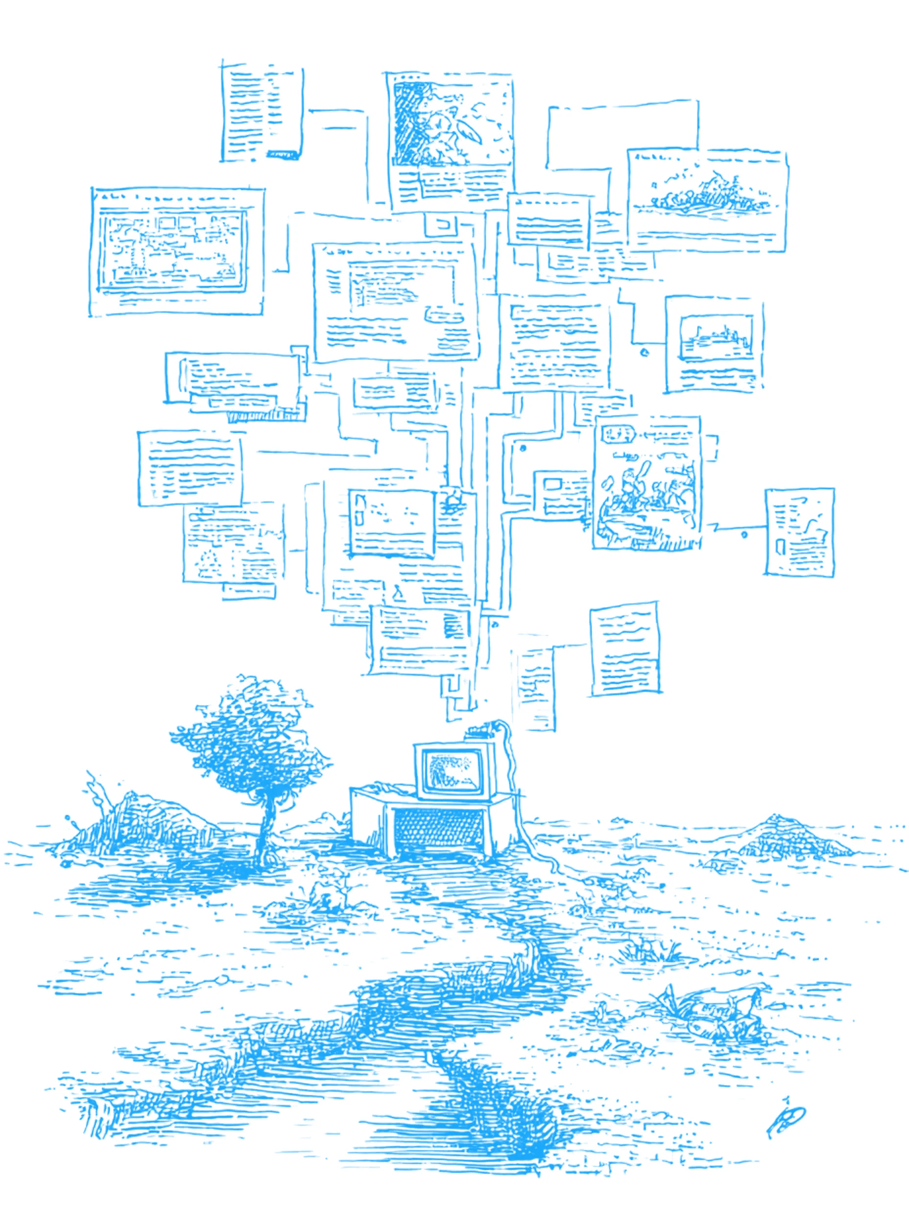 A hand-drawn computer beneath a branching landscape of connected code windows