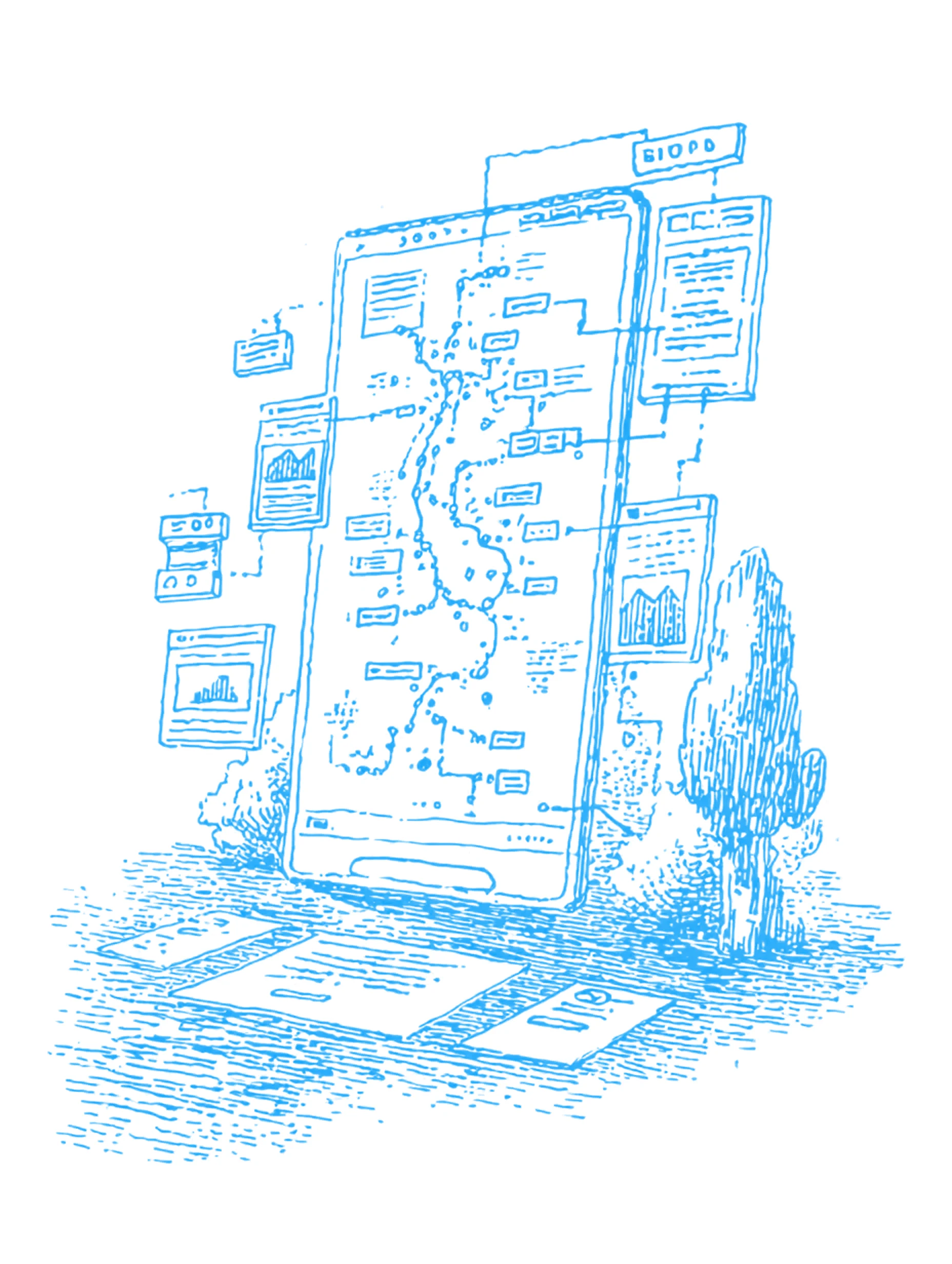 A hand-drawn product interface towering above scattered screens and diagrams