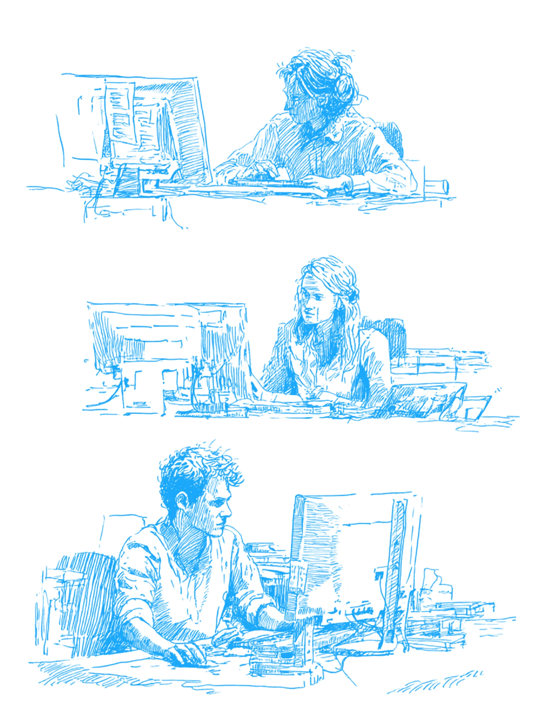 Three hand-drawn teammates working separately at their computers
