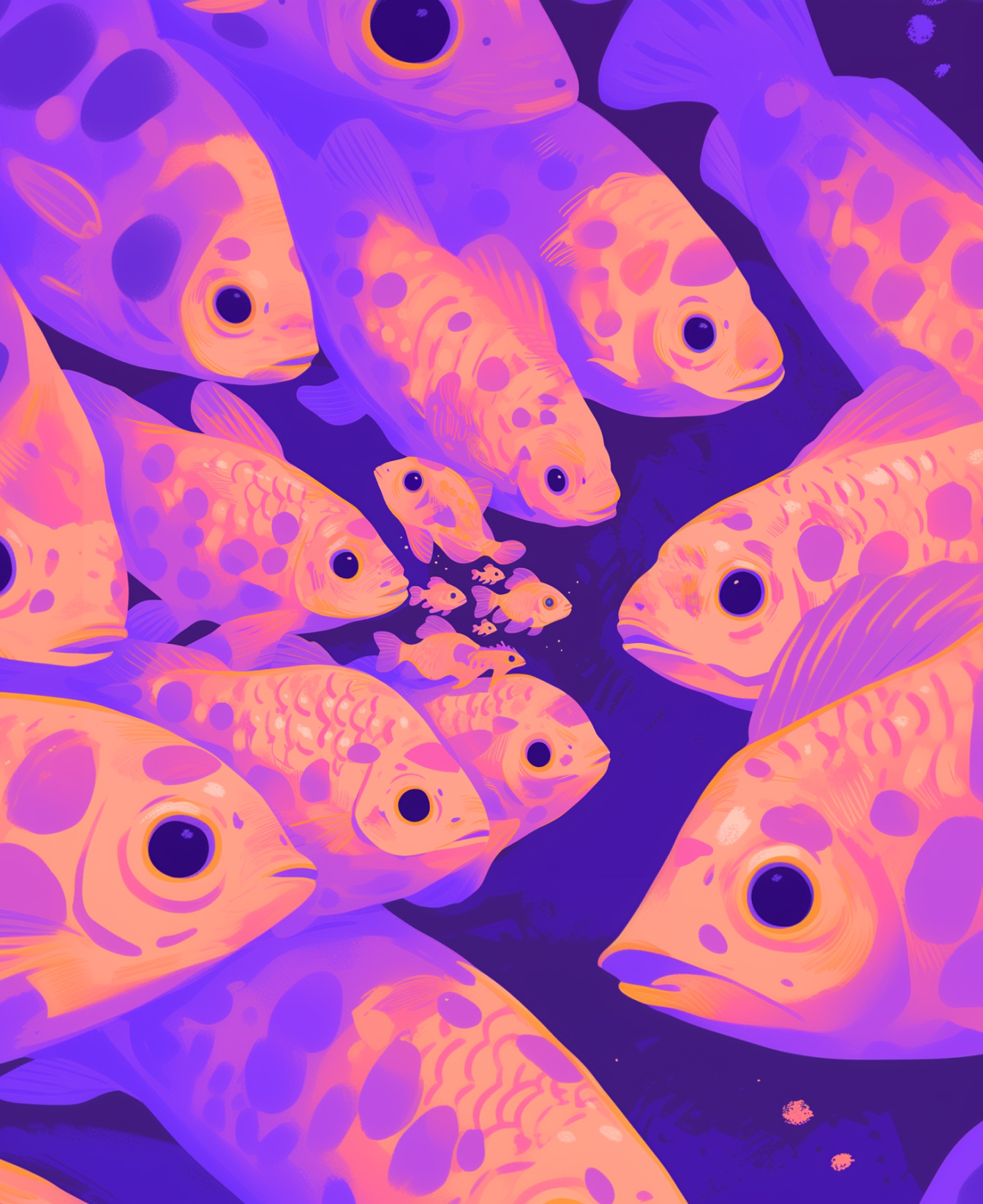 An illustration of a fish, far away in a school of fish