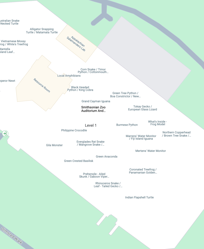 A zoomed in Google map of the Reptile Discovery Center at the National Zoo