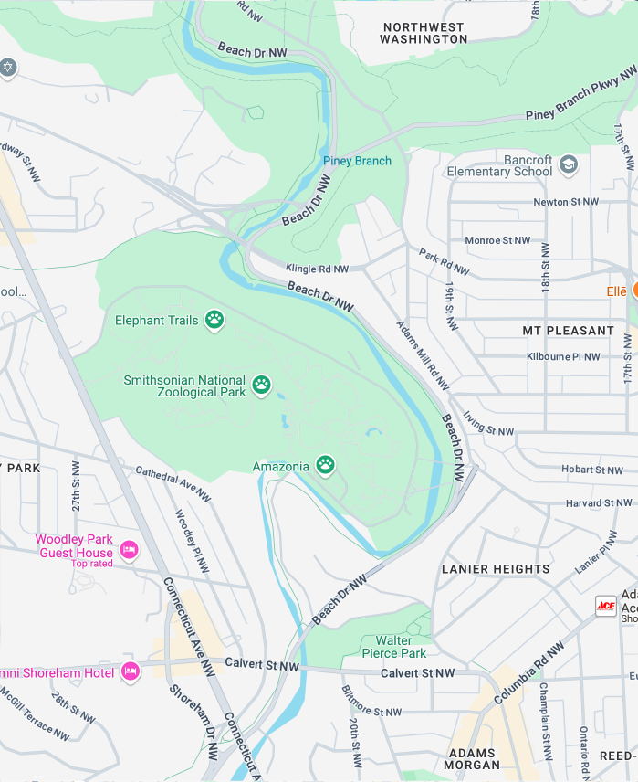 A few zooms out on a Google map, looking at a few neighborhoods in DC