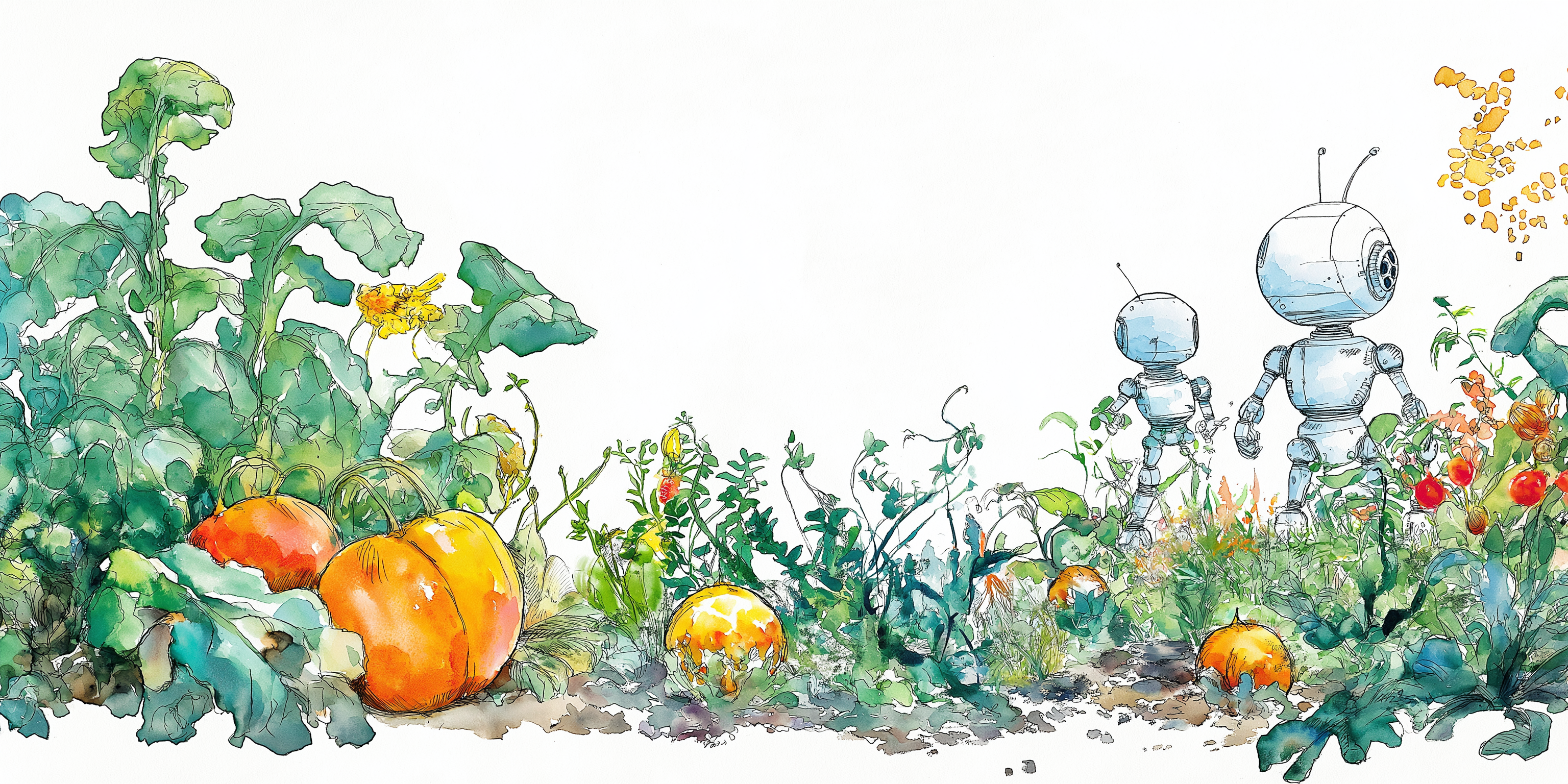 A watercolor sketch of robots helping garden.